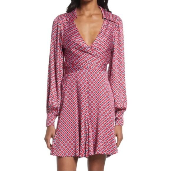 New Free People Long-Sleeve Wrap Dress Open Back & Tie Detail in Red Geometric S - Picture 3 of 11